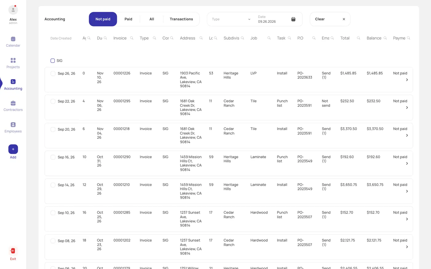 CRM system for a construction company — accounting: invoices, estimates, payments