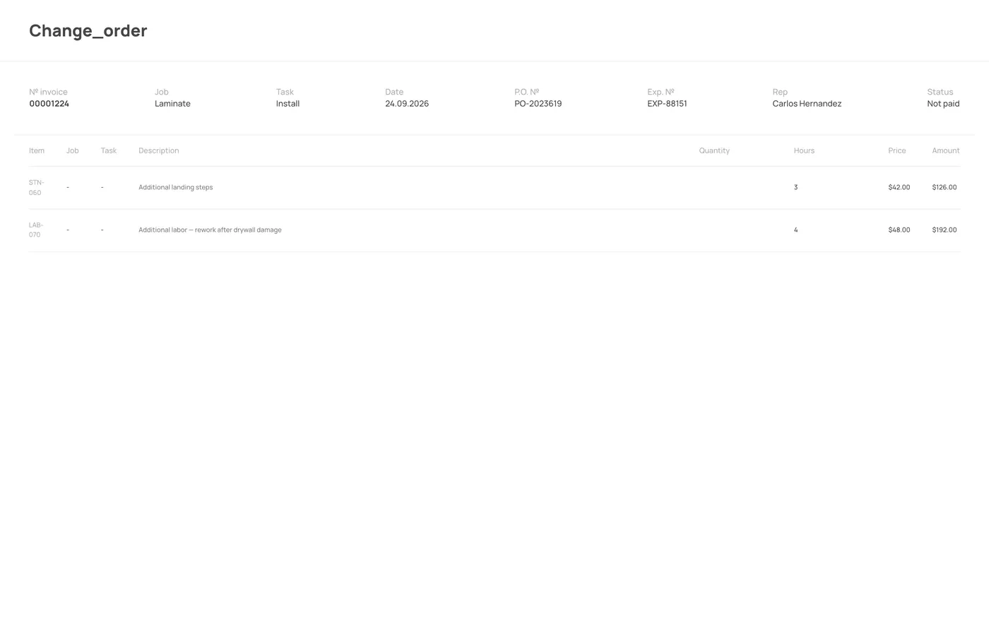 CRM system for a construction company — a change order the client signs via a link