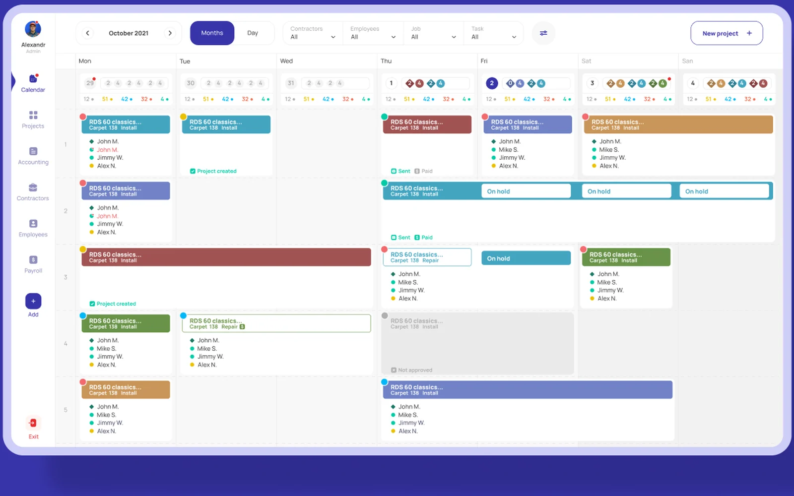 CRM system for a construction company: day-by-day crew and project calendar