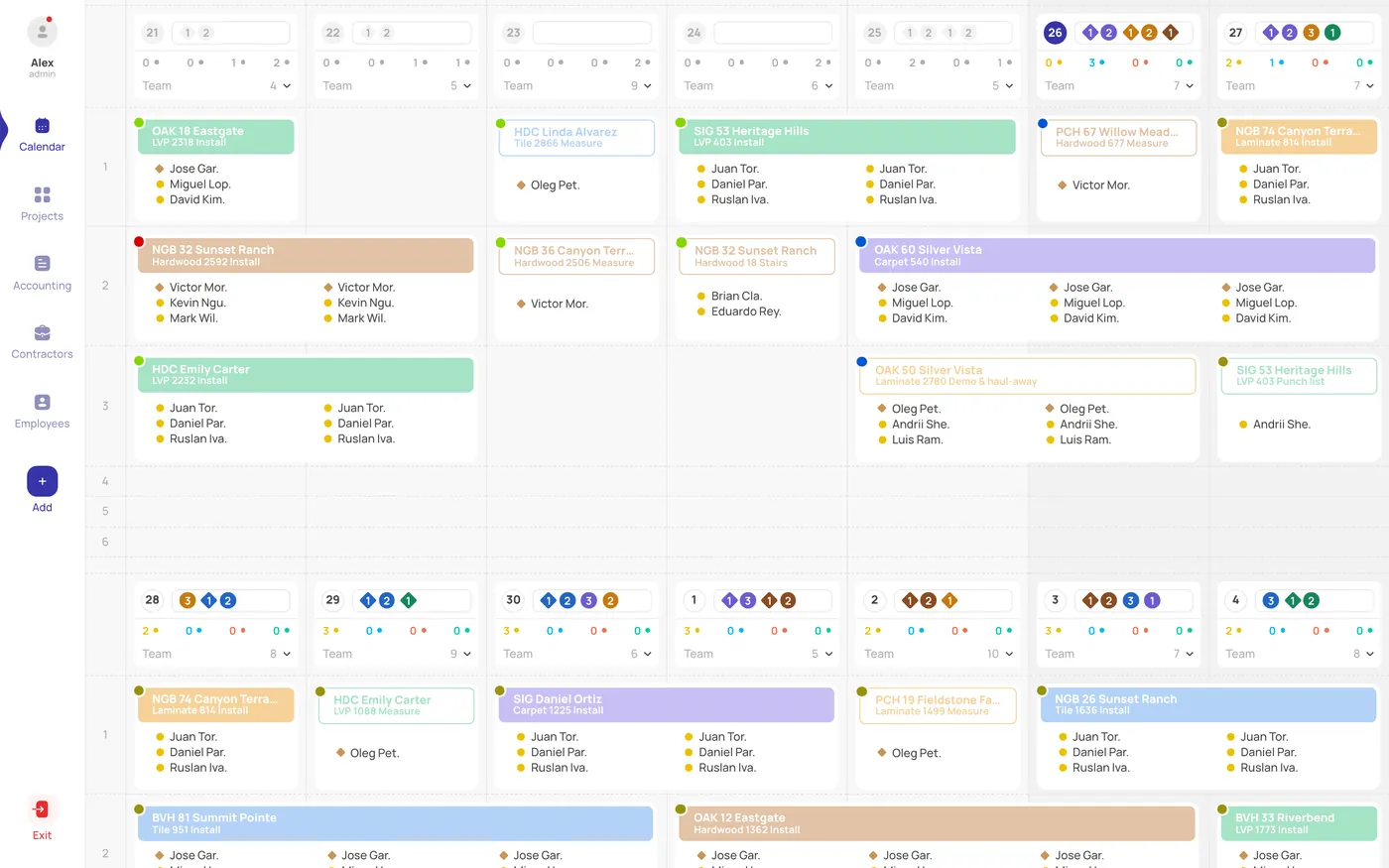 CRM system for a construction company — dashboard: crew calendar, projects drag between days