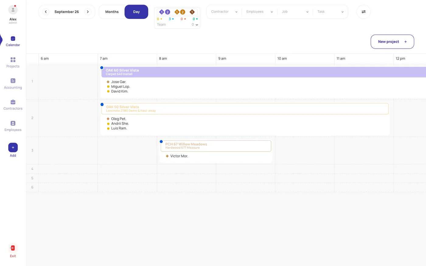 CRM system for a construction company — hour-by-hour day view