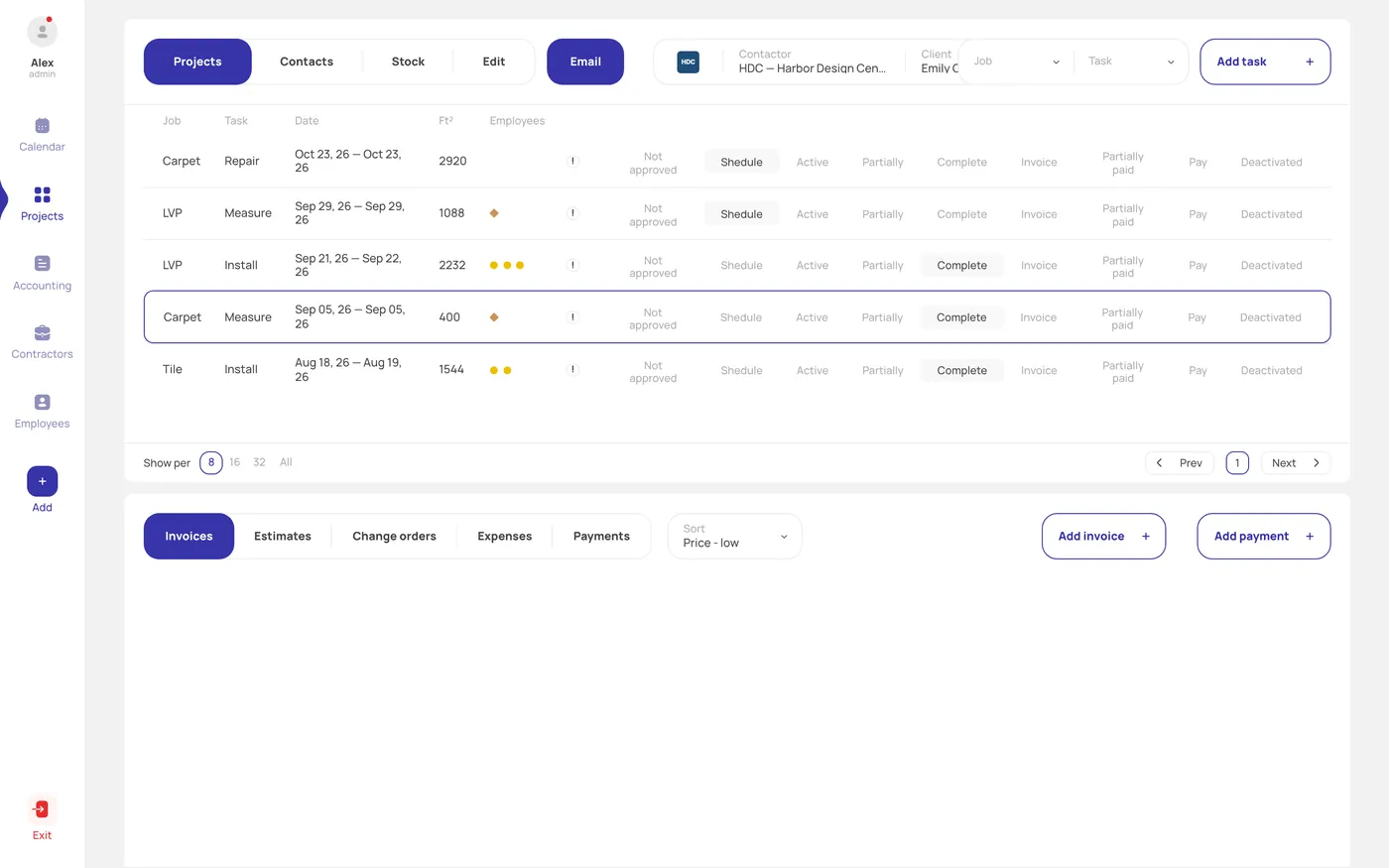 CRM system for a construction company — project card: tasks, statuses, invoices