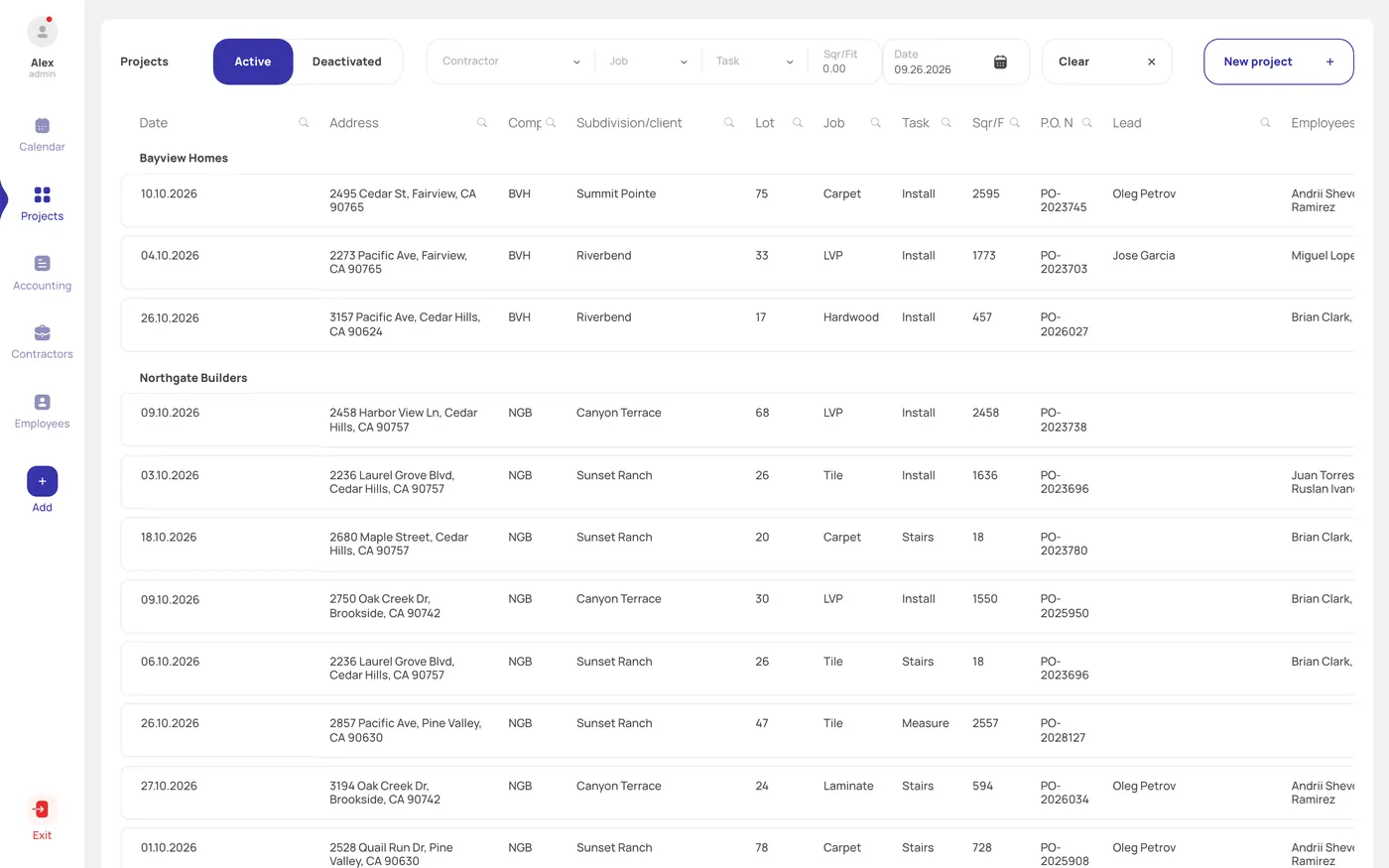 CRM system for a construction company — all projects with filters