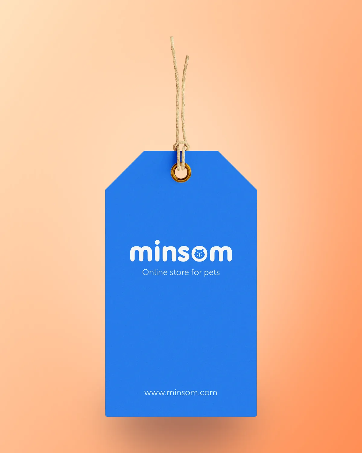 Blue Minsom tag on a jute string on a peach background