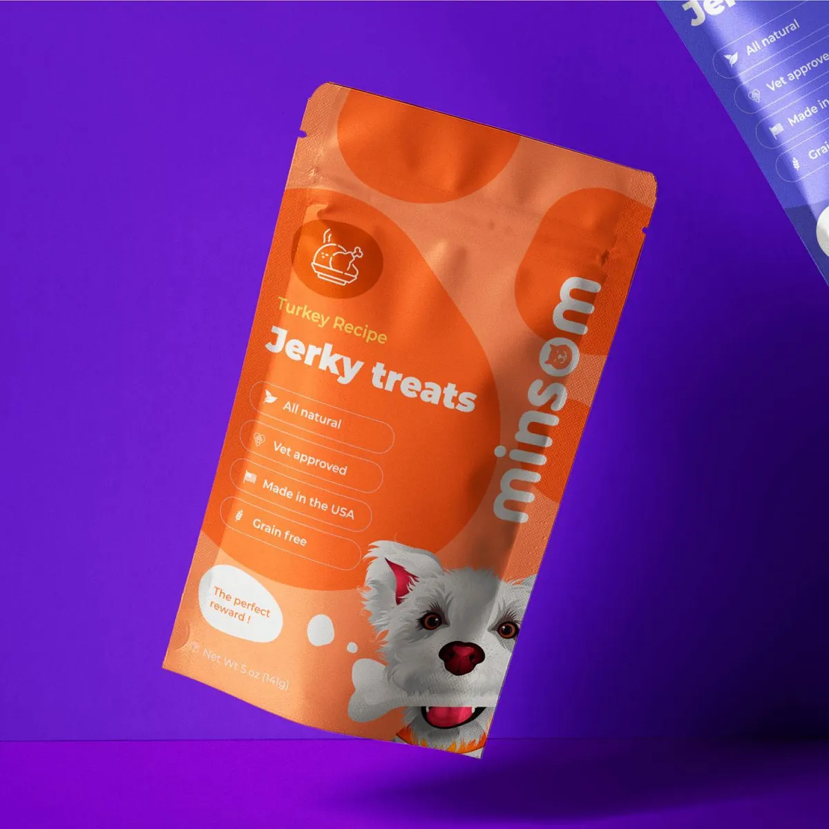 Orange Minsom Jerky treats pouch, turkey flavor, with a terrier
