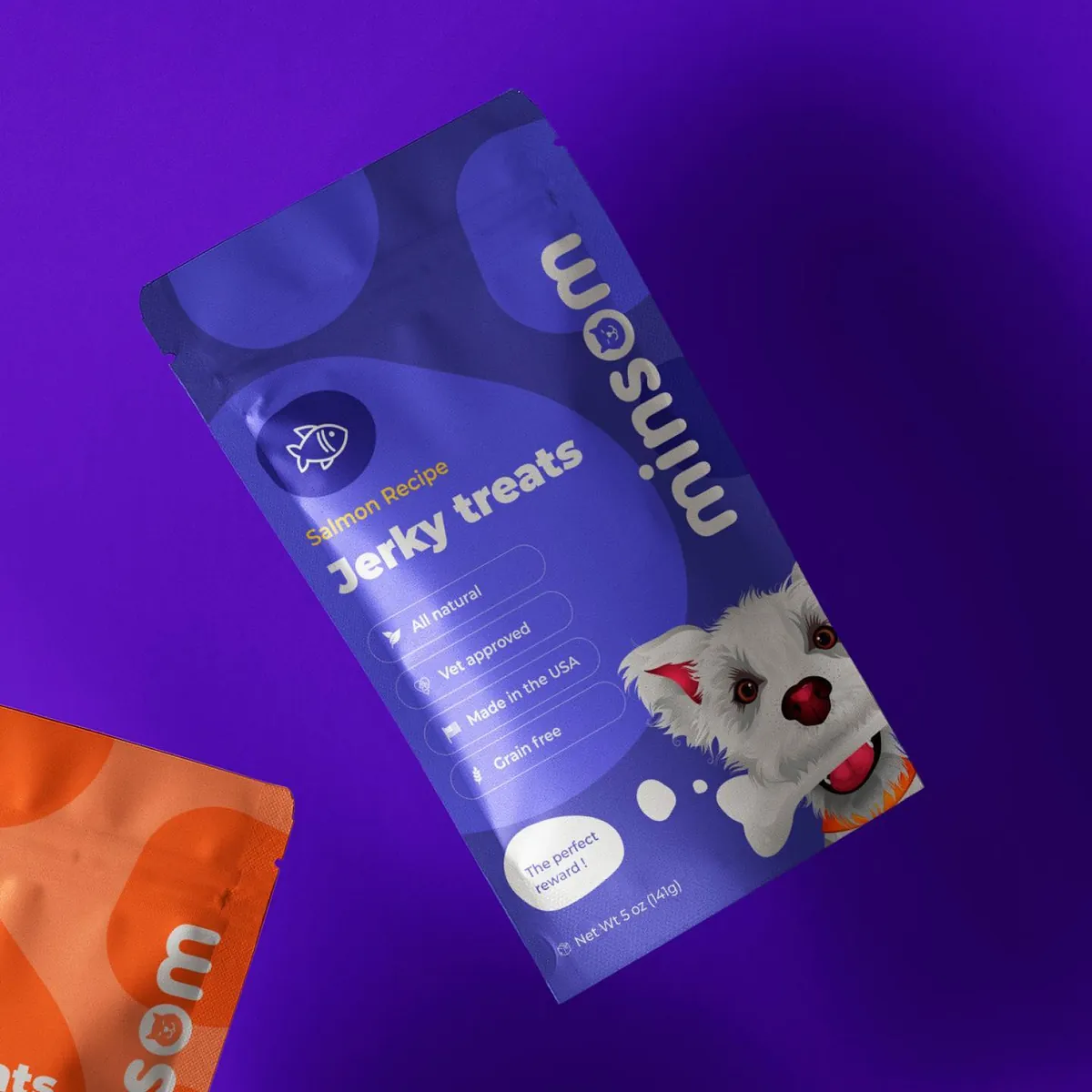 Purple Minsom Jerky treats pouch, salmon flavor, with a terrier