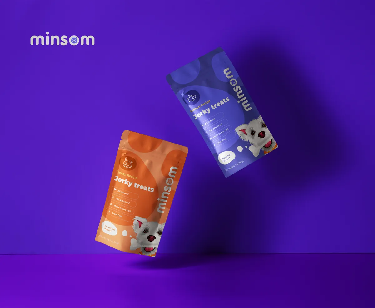 Two Minsom Jerky treats pouches floating on a purple background