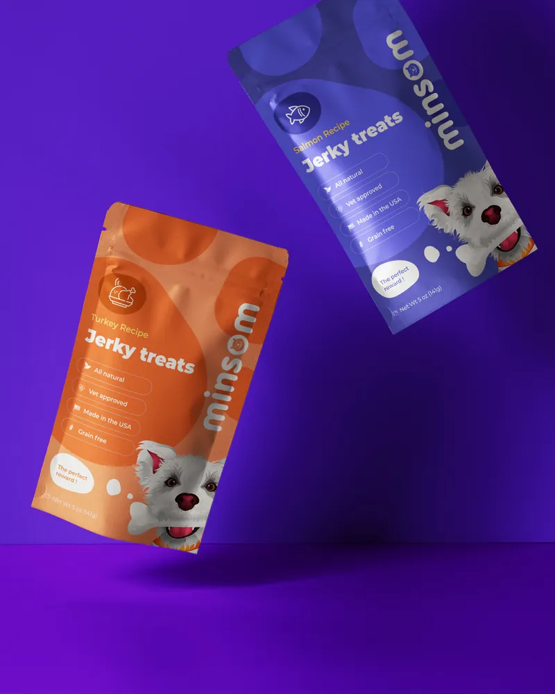 Two Minsom Jerky treats pouches floating in the air