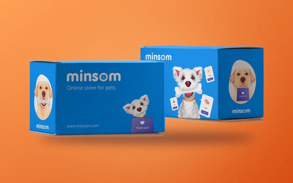 Two blue Minsom shipping boxes with a terrier and a Labrador on an orange background