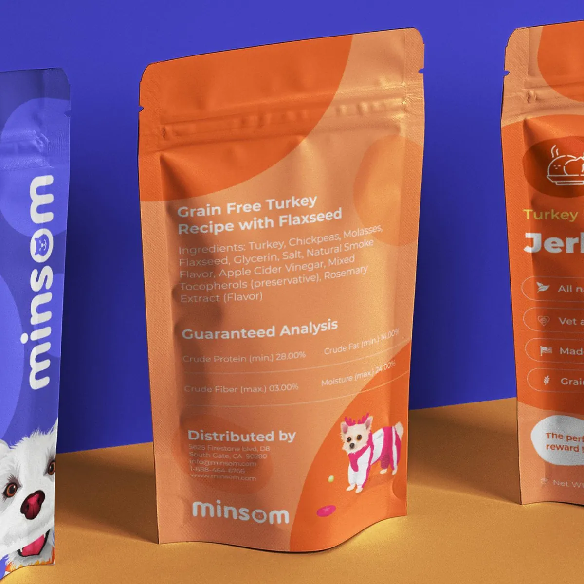 Back of the orange Minsom pouch with the treat ingredients