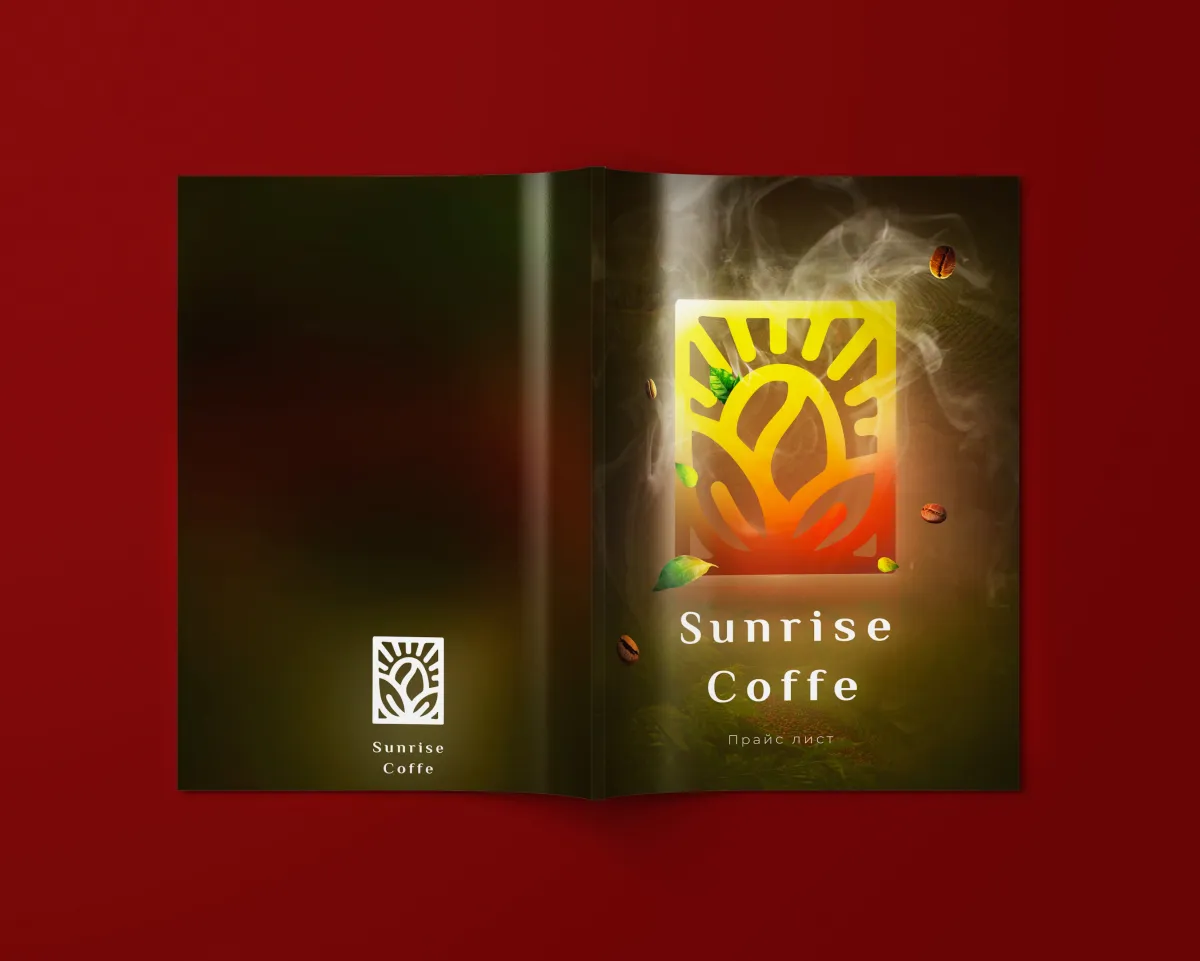Sunrise Coffee price list: a spread with the cover and logo on a red background