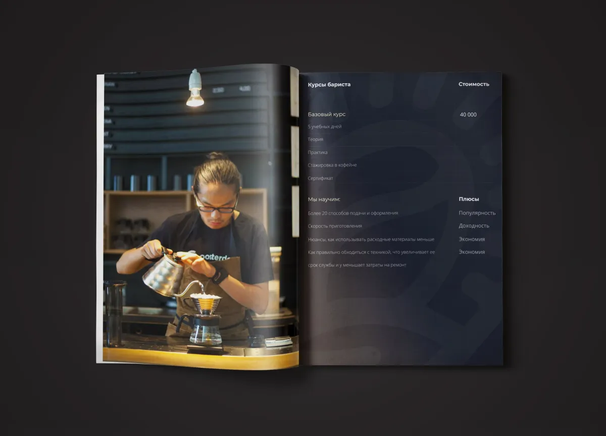 Price list spread with photos of a barista at work