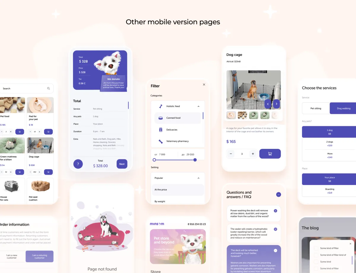 Mobile pages of the pet store e-commerce website