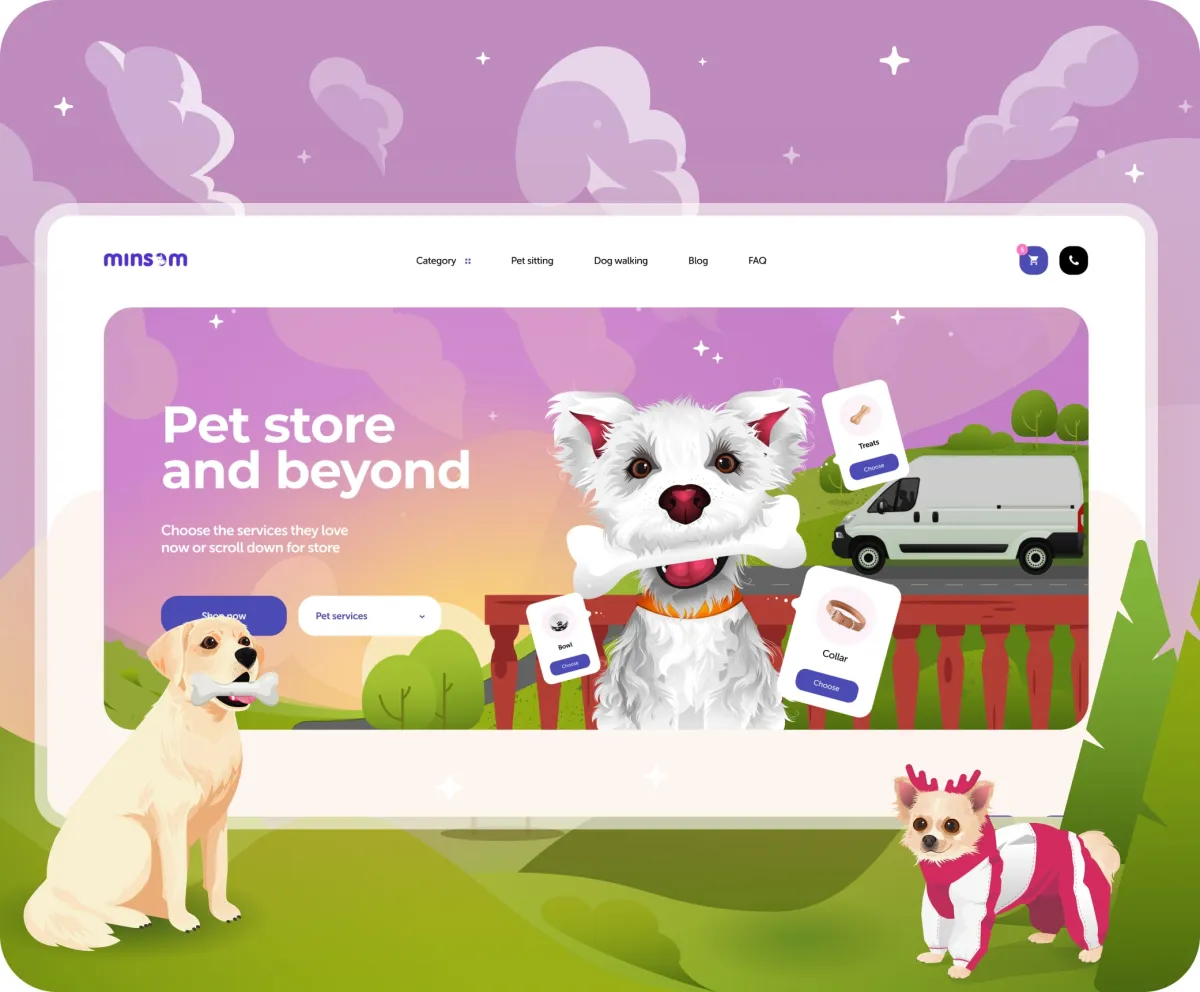 Minsom pet store e-commerce website — home page with an illustration of dogs