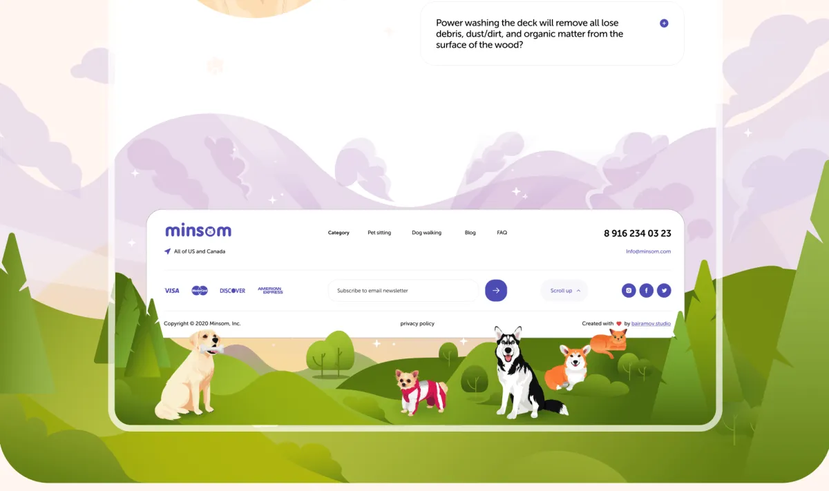Minsom website footer with an illustration of dogs