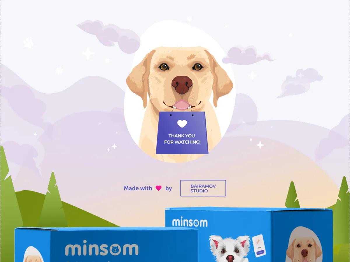 Minsom branded box with a dog illustration