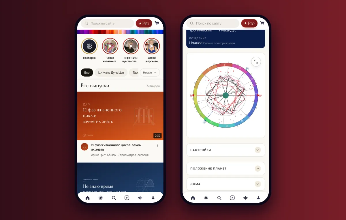 Mobile version: video section and natal chart on a smartphone screen
