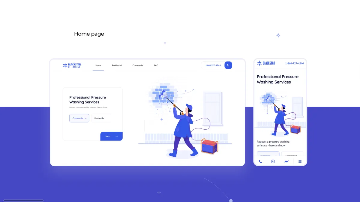 Cleaning company website home page on desktop and phone