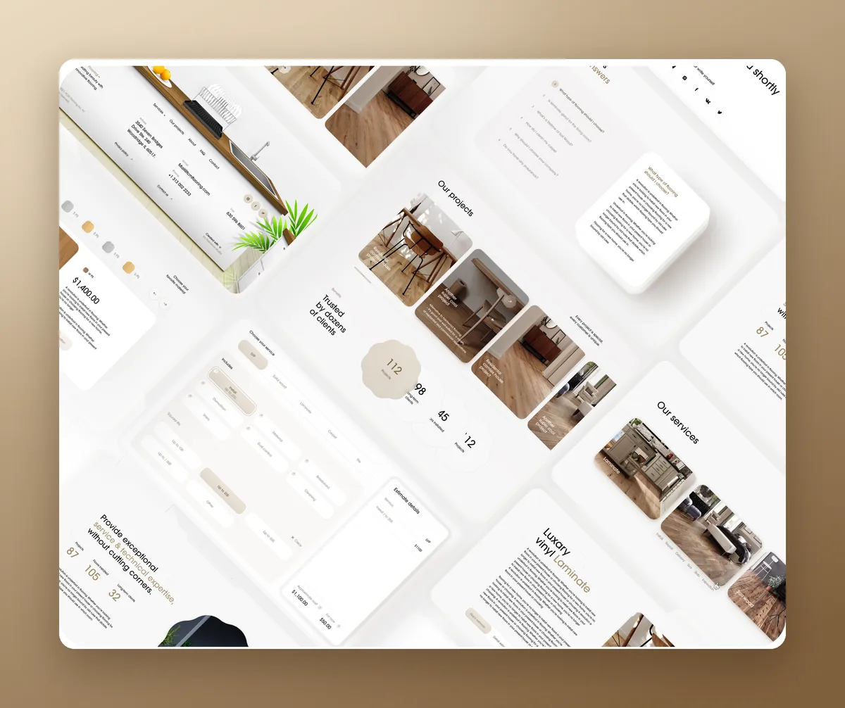 Flooring company website screens: services, projects, calculator, FAQ
