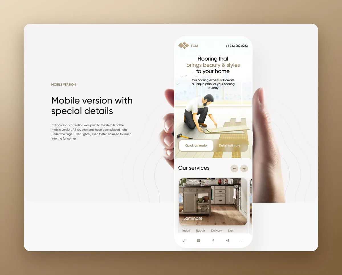 The FCM Floor Company mobile website on a phone in hand