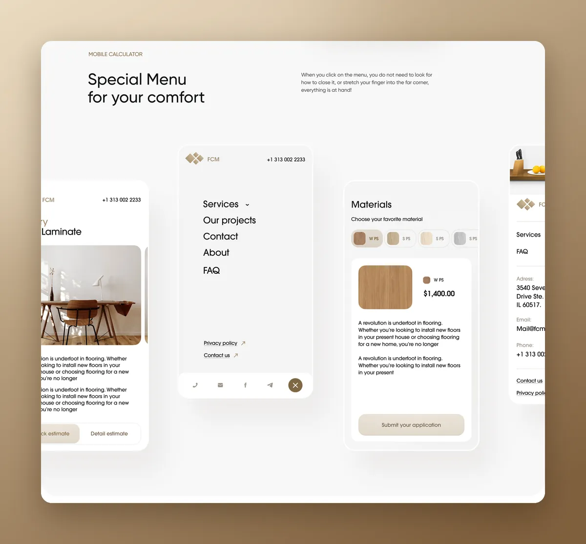 Mobile menu and material selection on the flooring company website