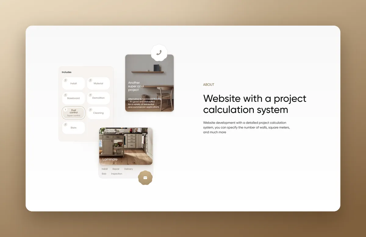 Service cards and work selection on the flooring company website