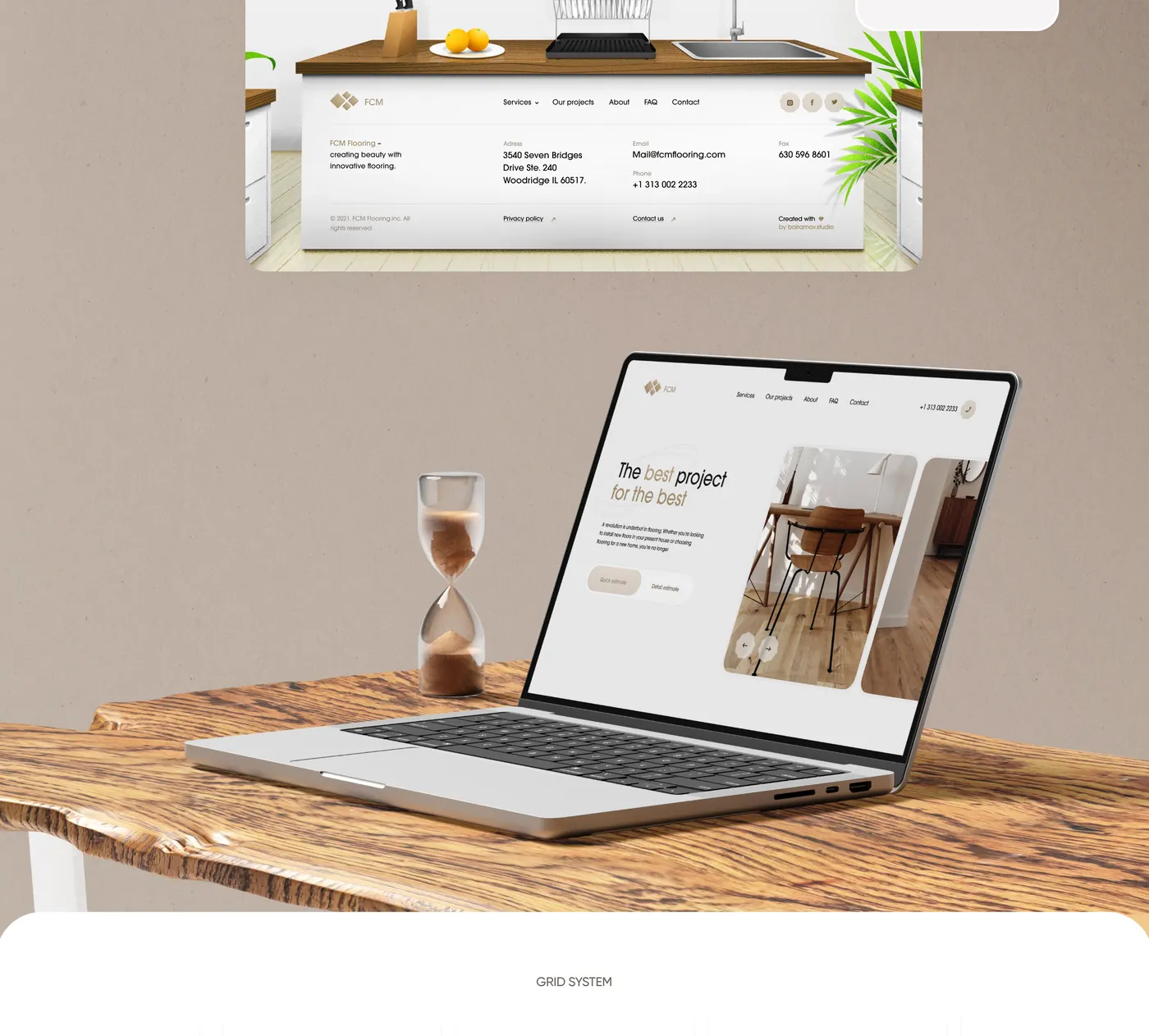 Footer, website on a laptop and grid