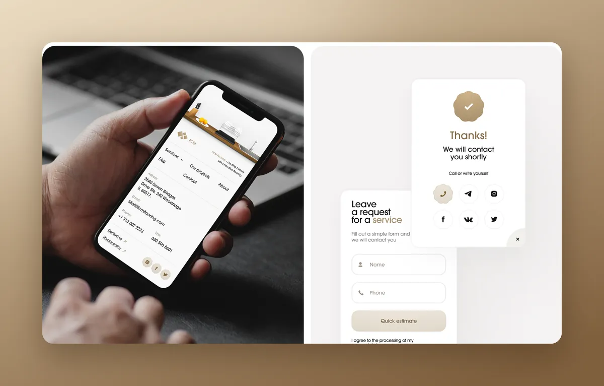 Request form and thank-you screen on the flooring company website