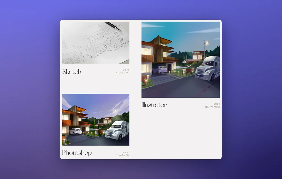 Stages of the illustration for the insurance agency website: sketch, vector, refinement in Photoshop
