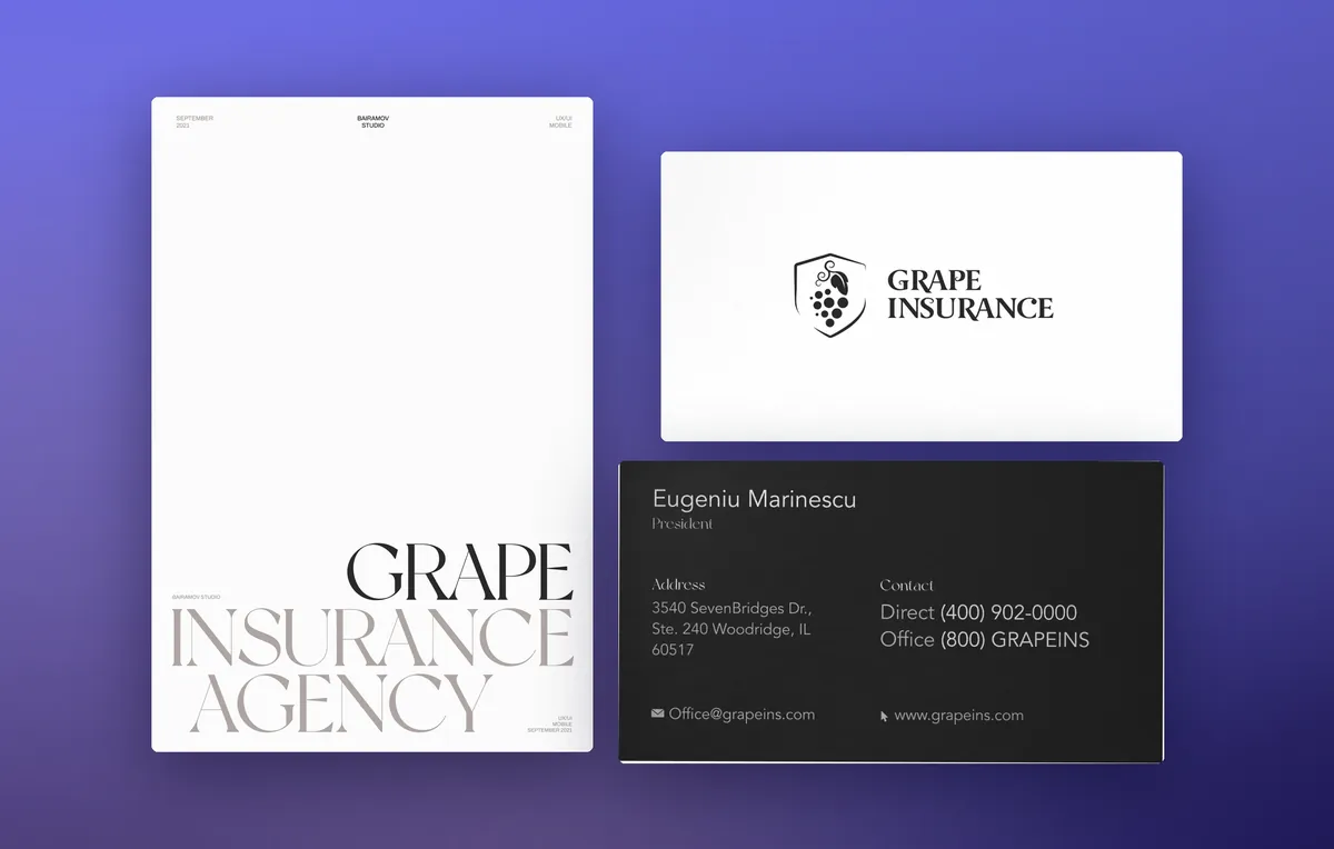 Grape Insurance logo and brand identity: letterhead and business cards