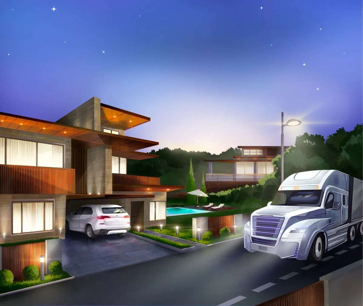 Illustration for the Grape Insurance agency website: a house at dusk, a car and a truck