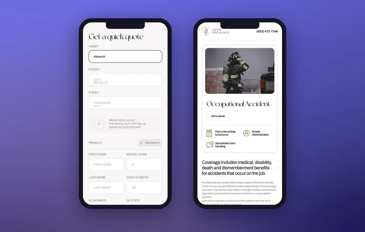 Quick insurance quote form and a service page in the mobile version of the website