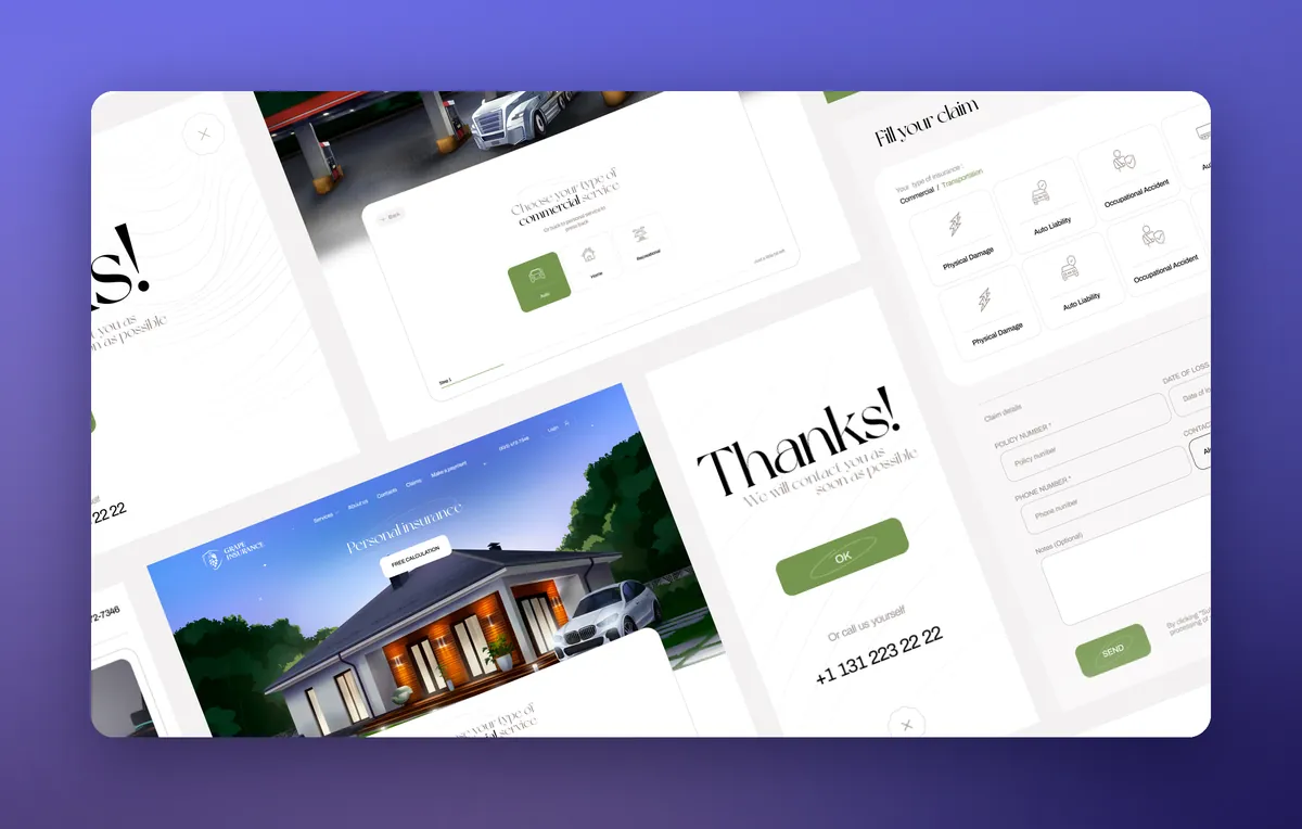 Coverage selection, claim form and confirmation screens on the insurance agency website