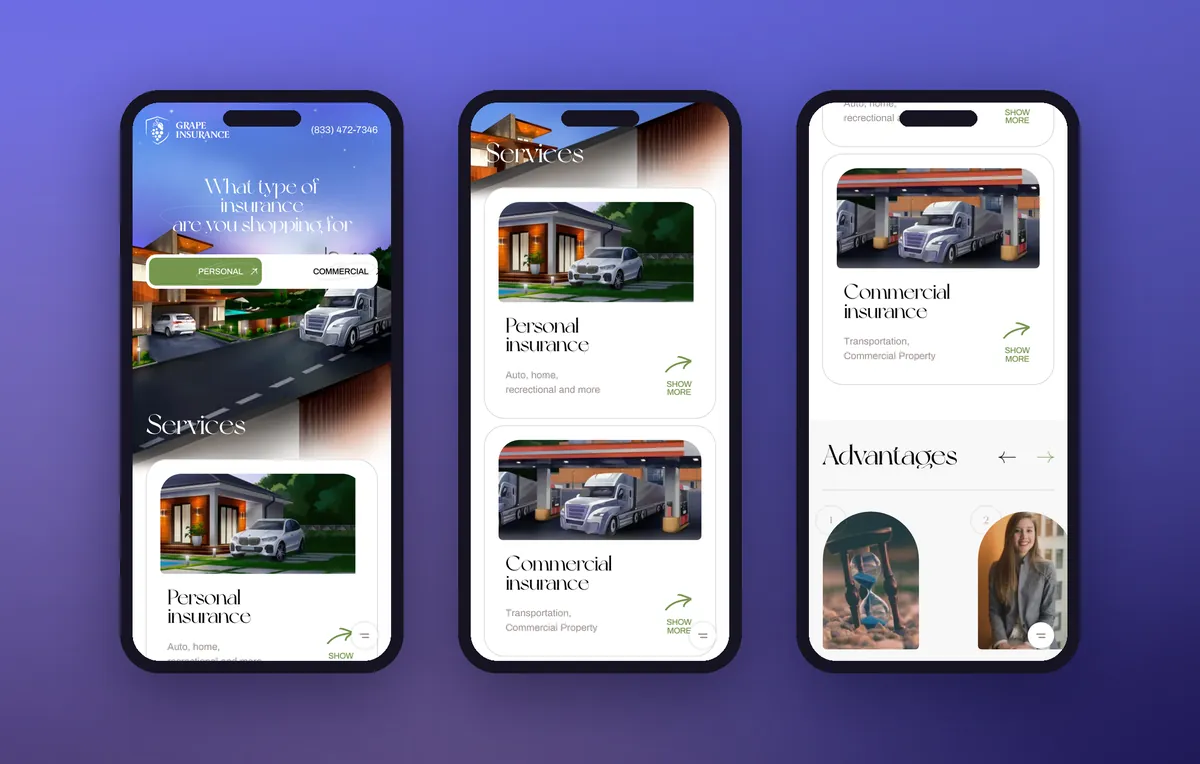 Mobile version of the Grape Insurance agency website on three smartphones