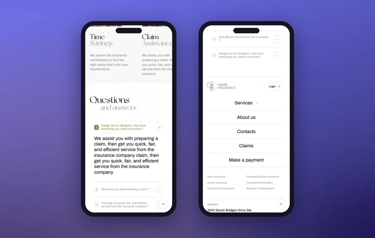 FAQ and menu in the mobile version of the insurance agency website