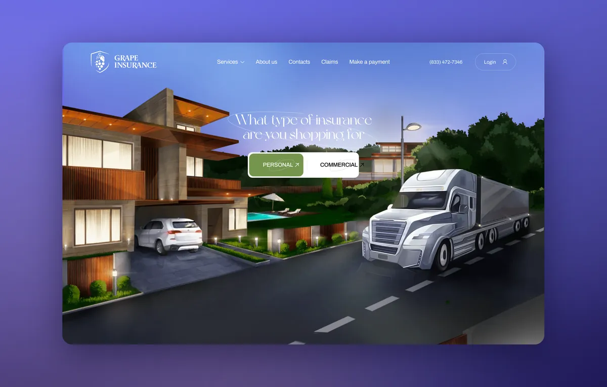 Hero of the Grape Insurance agency website: a house, a car and a semi truck, Personal and Commercial buttons