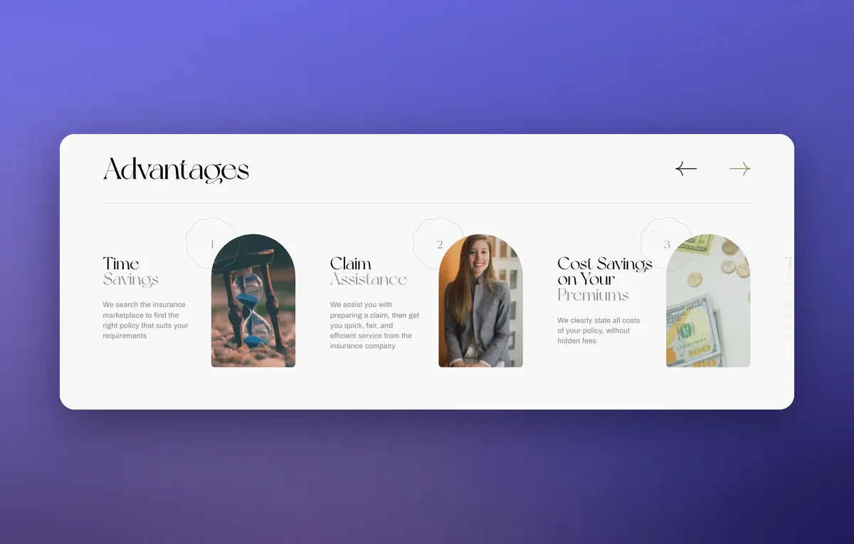 Insurance agency benefits block with a slider and photos in arches