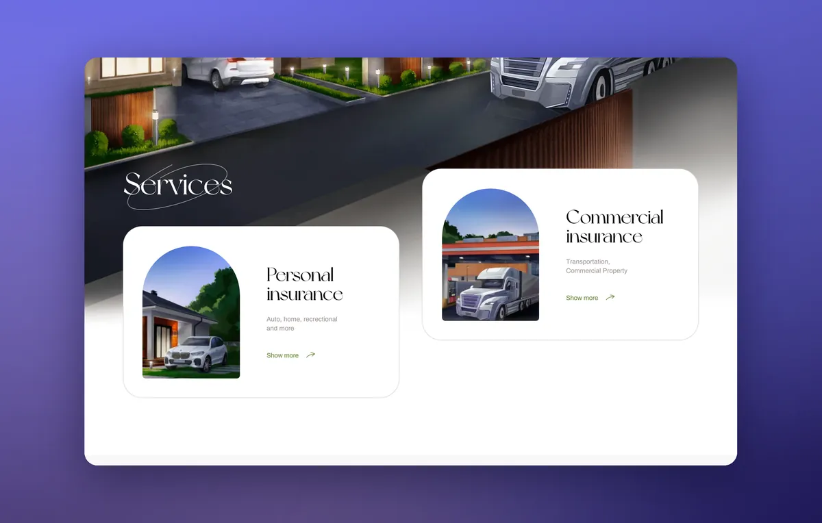 Personal and commercial insurance cards on the insurance agency website