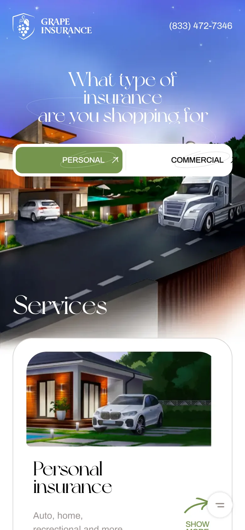 Mobile version of the Grape Insurance agency website: hero with a house and a semi truck