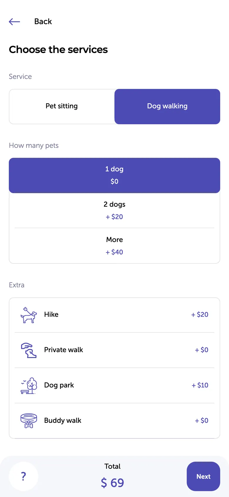 Service booking form in the Minsom mobile version: Pet sitting or Dog walking