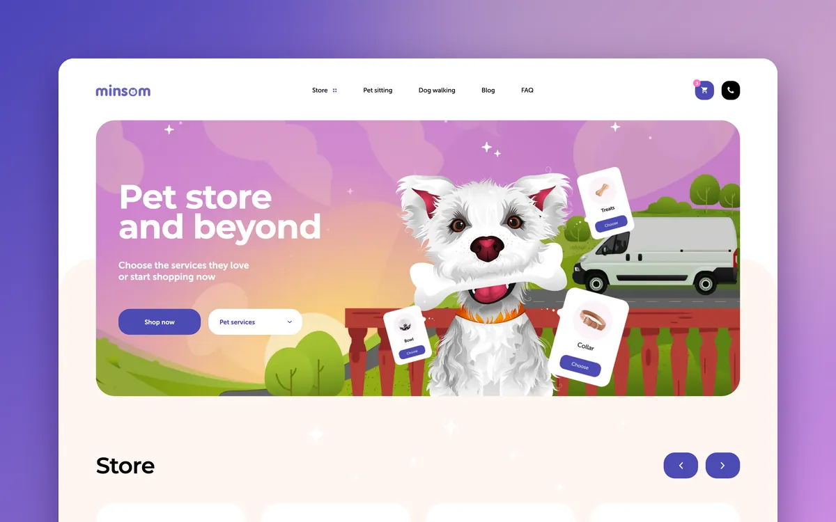 Home page of the Minsom pet store e-commerce website with a terrier illustration