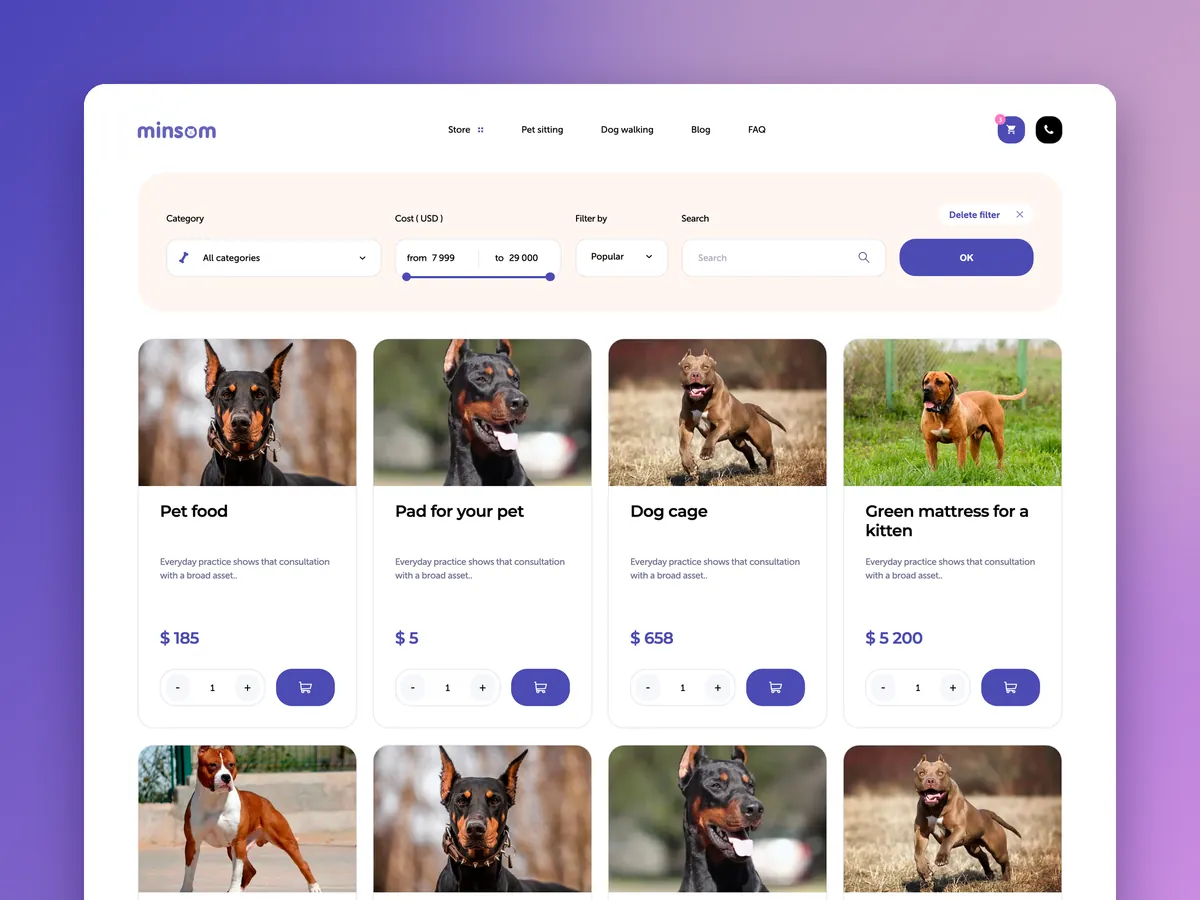 Minsom pet store catalog: filters by category, price and sort order