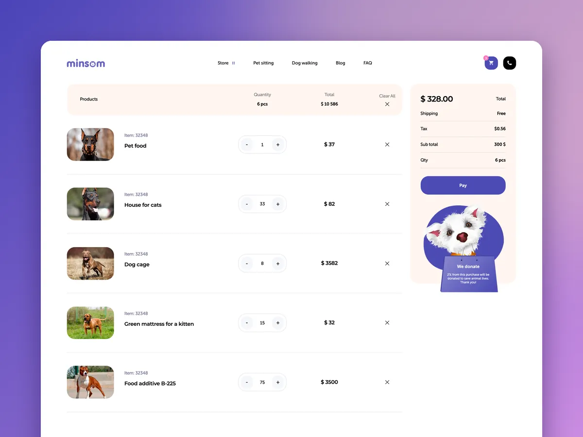Minsom pet store cart with checkout