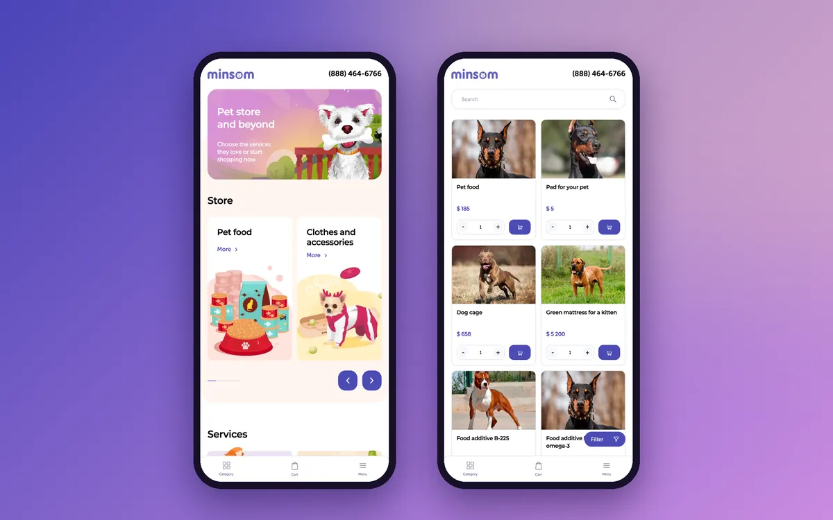 Mobile version of the Minsom online store: home page and catalog on two phones