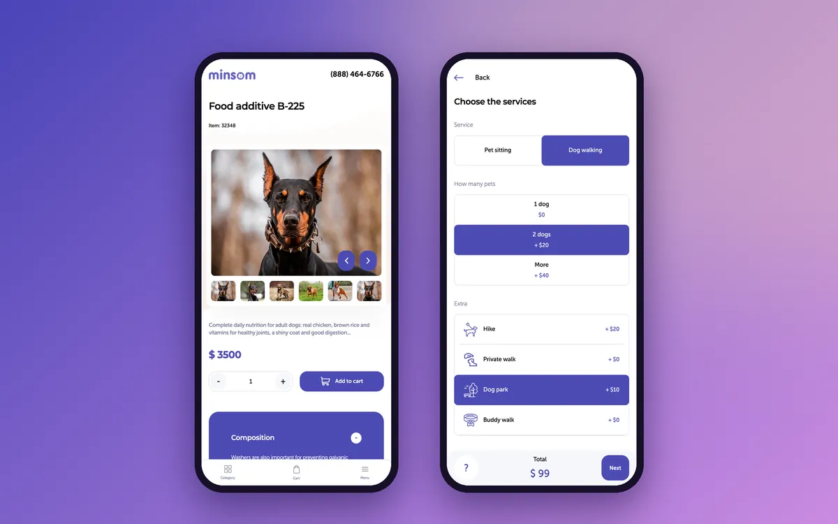 Minsom mobile version: product page and dog walk booking
