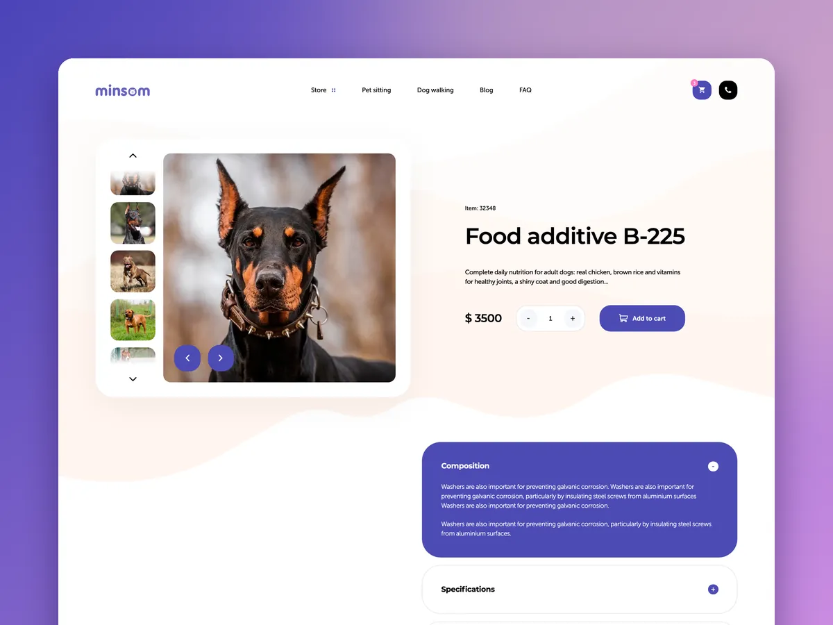 Minsom product page: gallery, price, quantity and an “Add to cart” button