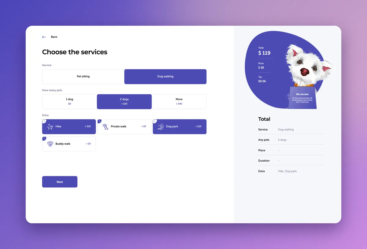 Dog walking booking form in the Minsom online store: two dogs, a hike and the park, $119 total