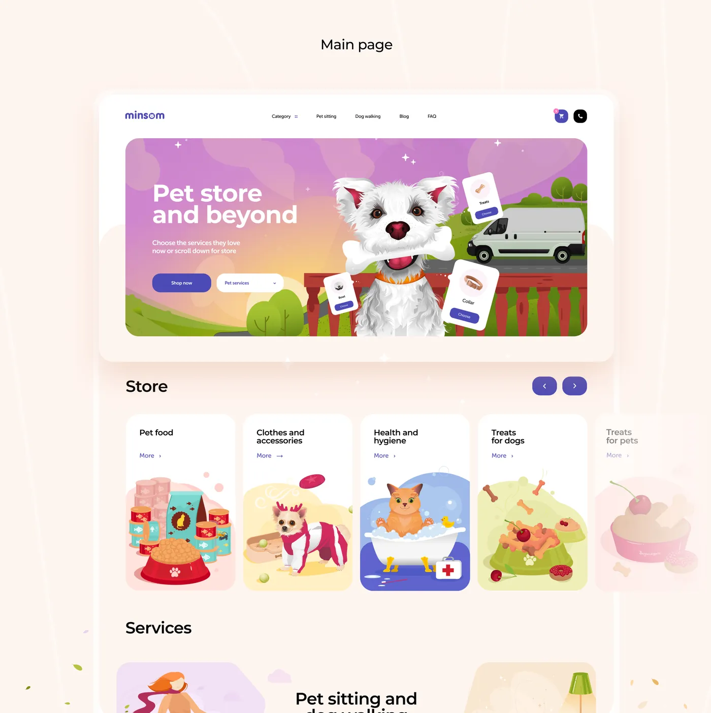 Home page of the Minsom pet store e-commerce website