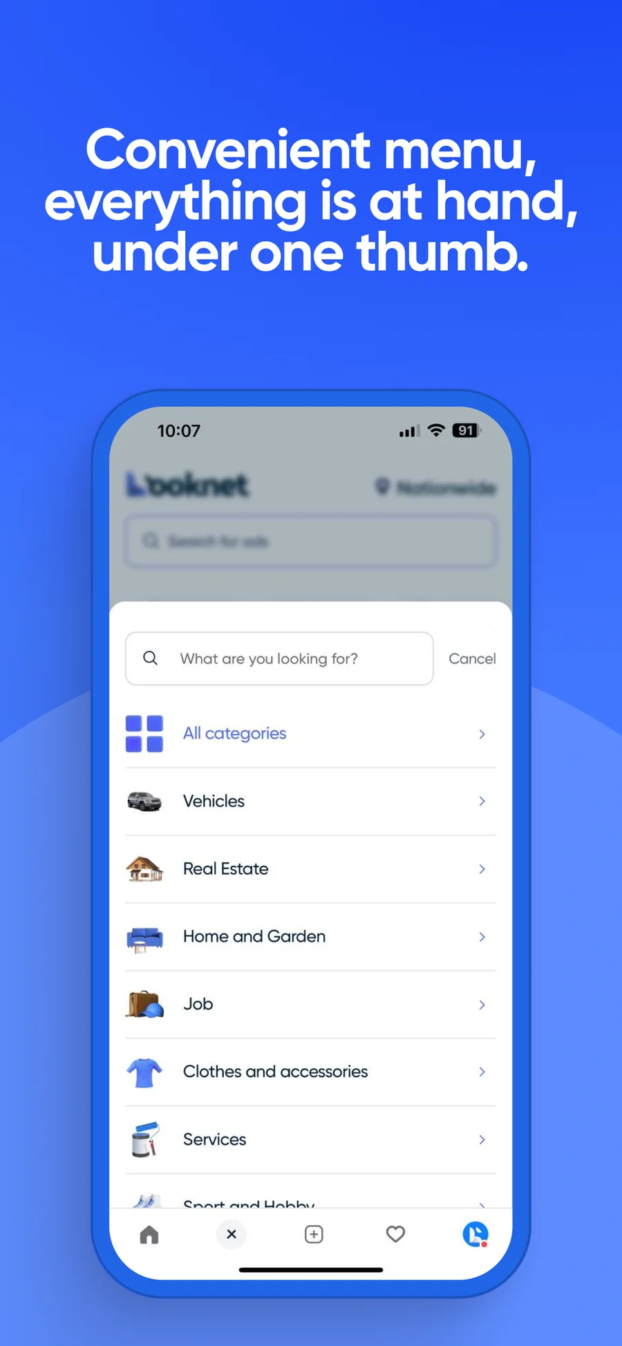 Category menu in the Looknet app
