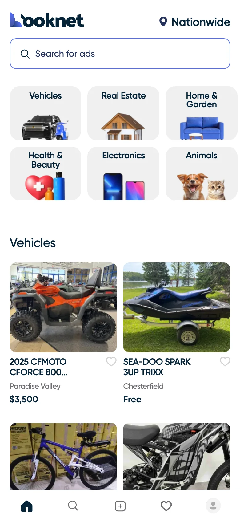 Looknet app home screen: categories and listings